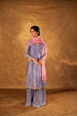 Embroidered Chanderi Angrakha Woven Sharara and Organza Dupatta