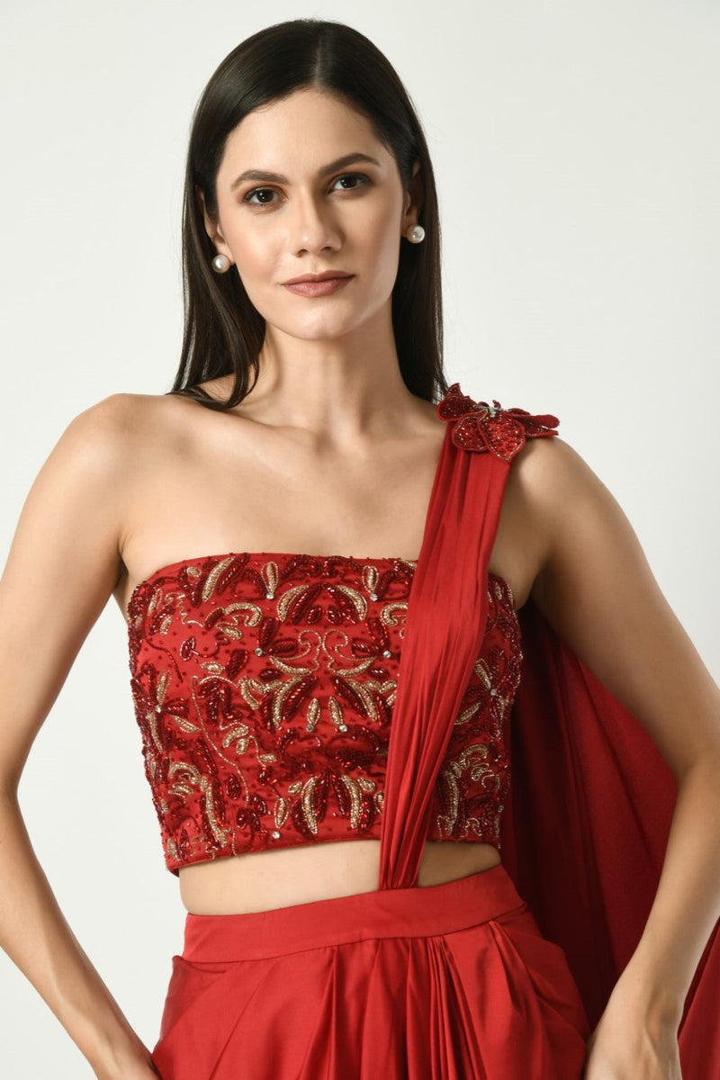 Draped Saree With Offshoulder Corset Embroidered Blouse