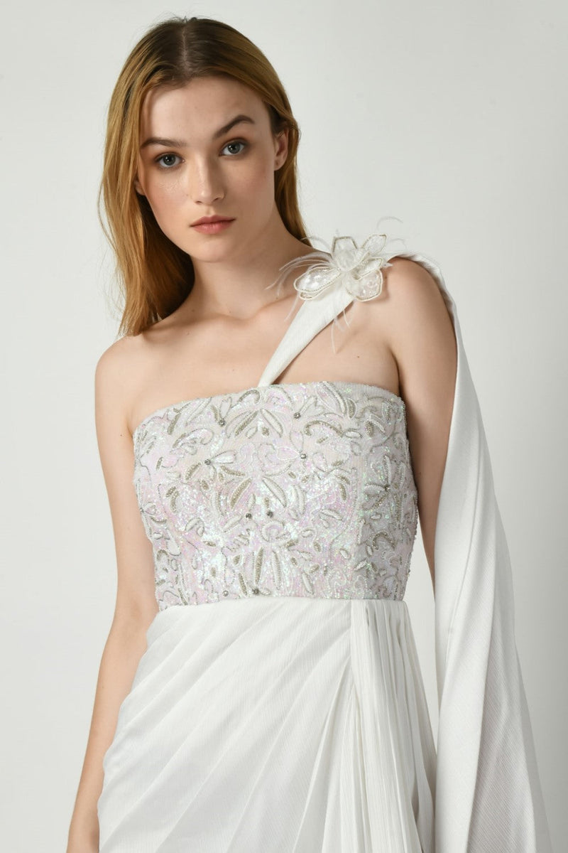White Gown With Unicorn Colored Sequin Embroidery On Bodice