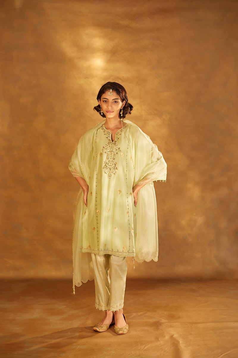 Embroidered Chanderi Kurta, Silk Pants & Organza Dupatta