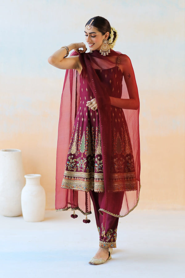 Burgundy Anarkali Set with Dhoti