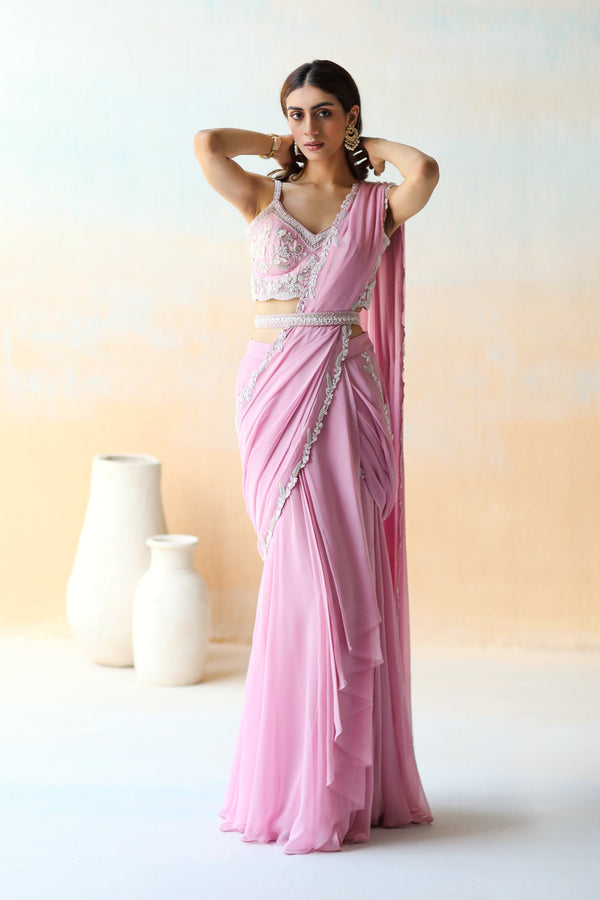 Lilac Pre-Draped Ruffle Saree Set