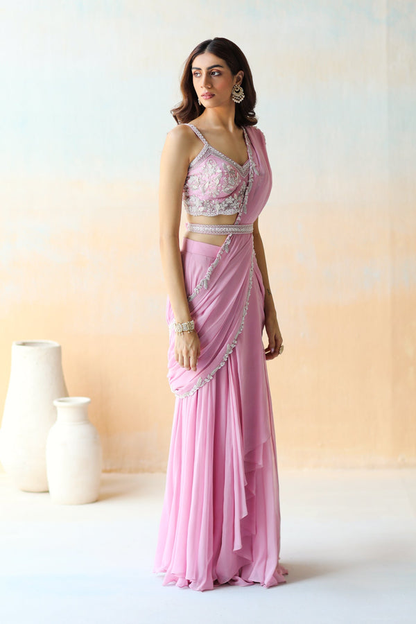 Lilac Pre-Draped Ruffle Saree Set