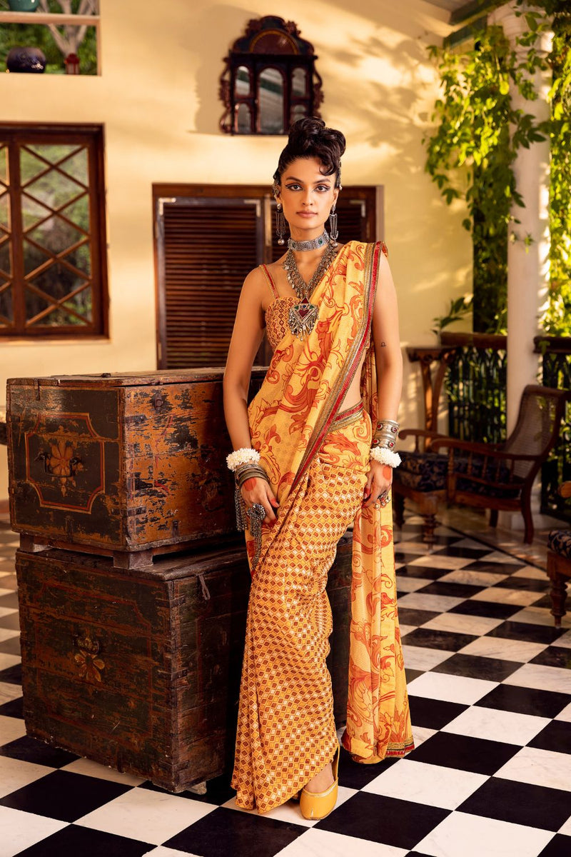 Yellow Printed  & Embroidered Saree Set
