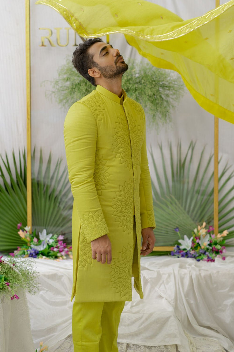 Yuvaan Fresh Green Quilted And Embroidered Sherwani Set
