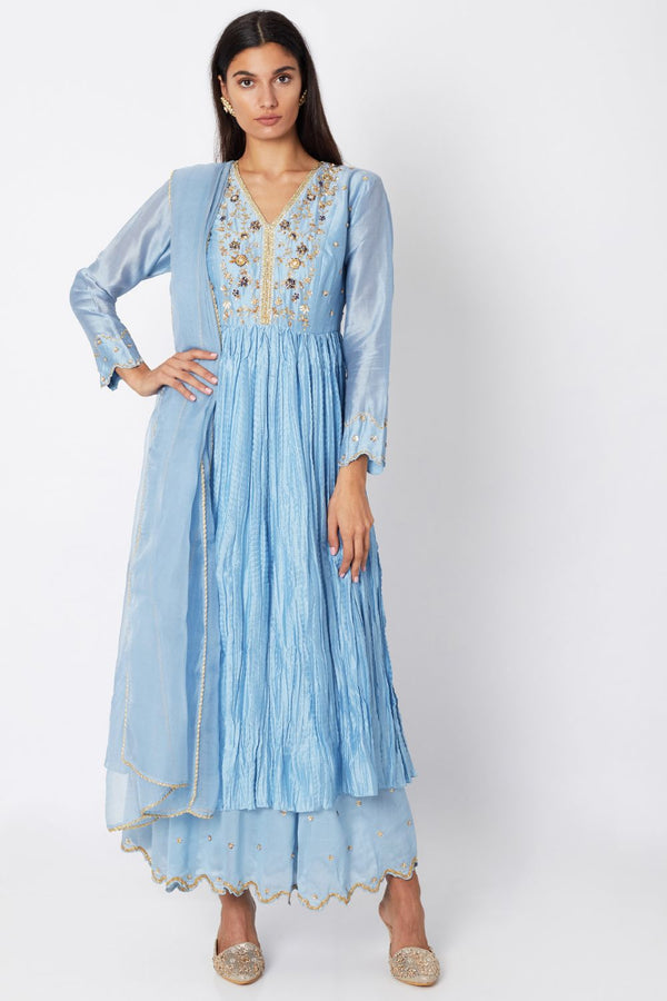 Sky Blue Embroidered Gown With Dupatta