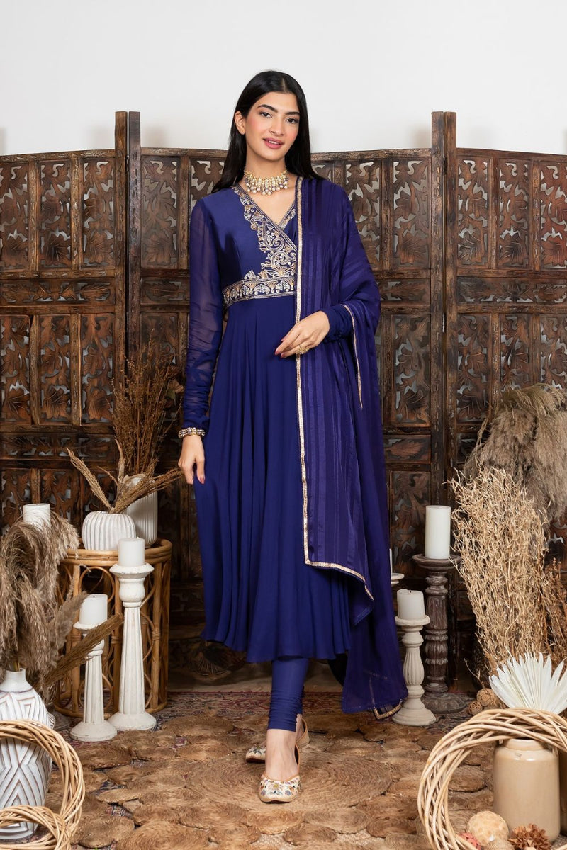 Royal Blue Embroidered Anarkali Set