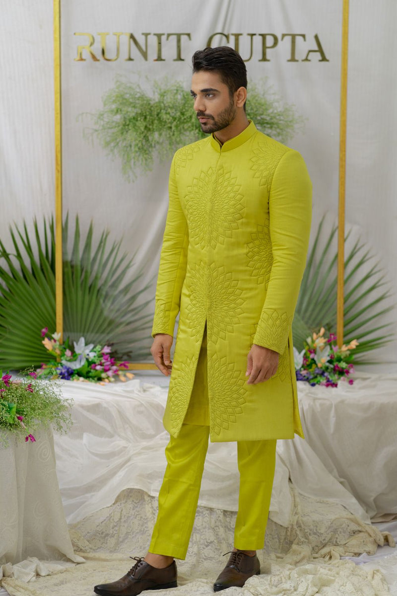Yuvaan Fresh Green Quilted And Embroidered Sherwani Set