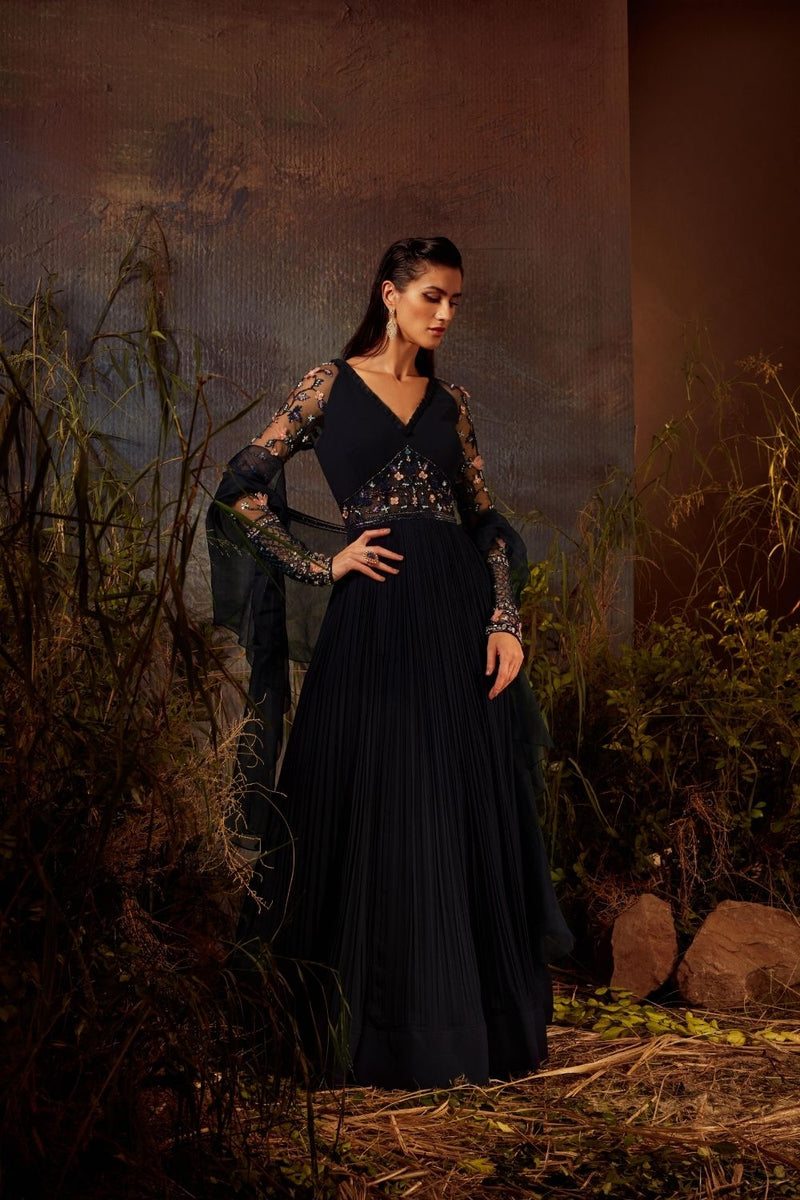 Mid night blue embroidered yoke floor length gown with dupatta
