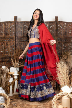 Royal Blue-Red Embroidered Lehenga Set