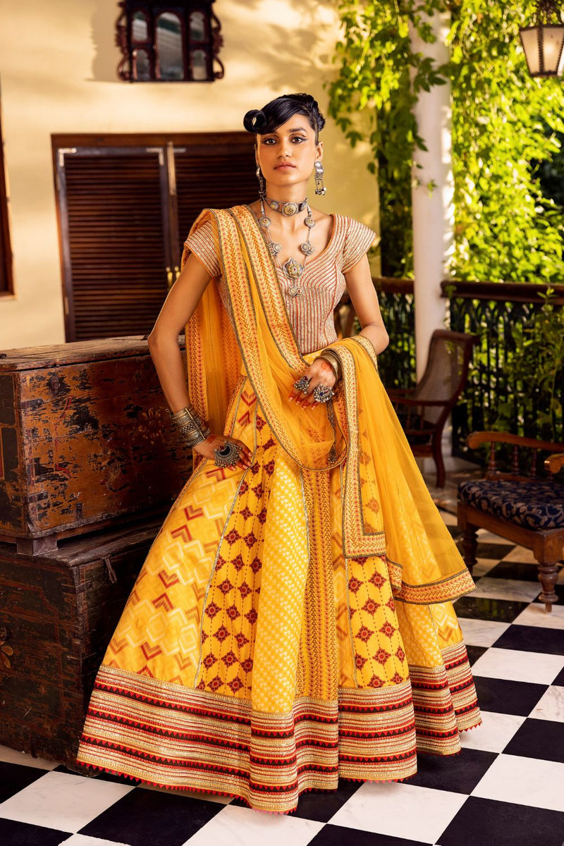 Yellow Printed  & Embroidered Lehenga set