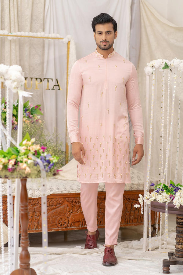 Pastel Coral Cutpipe Embroidered Kurta Set