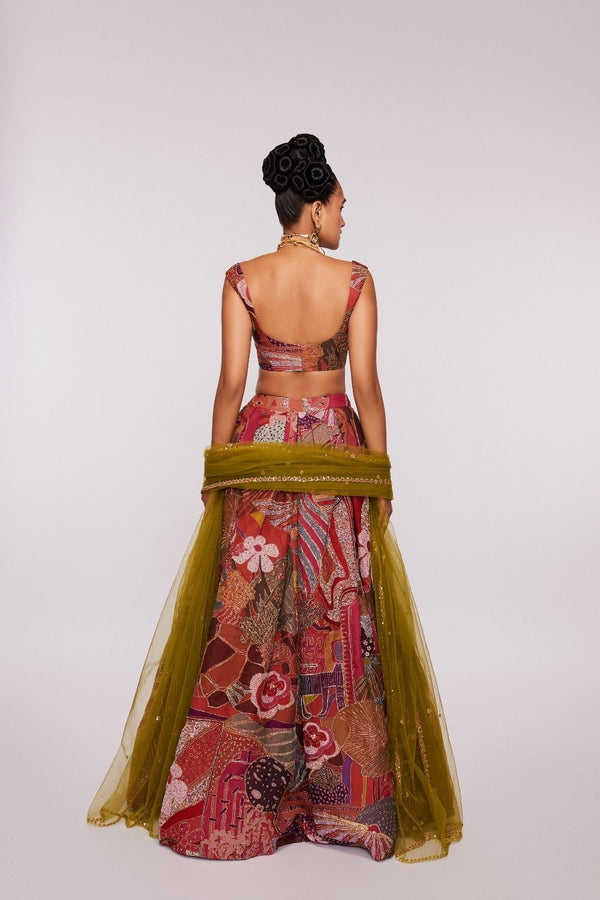 Pink Divergence   printed and embellished indian organza Top and Skirt with net floral dupatta