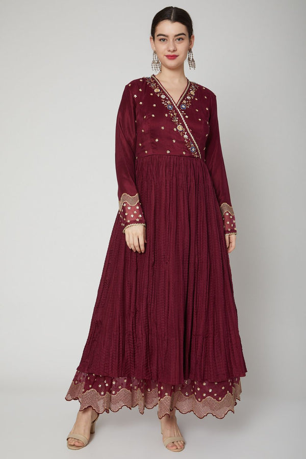 Maroon Sequins Embroidered Anarkali Gown With Dupatta