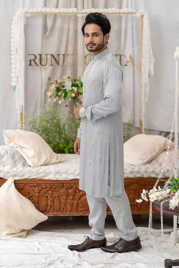 Grey Cutpipe Embroidered Kurta Set