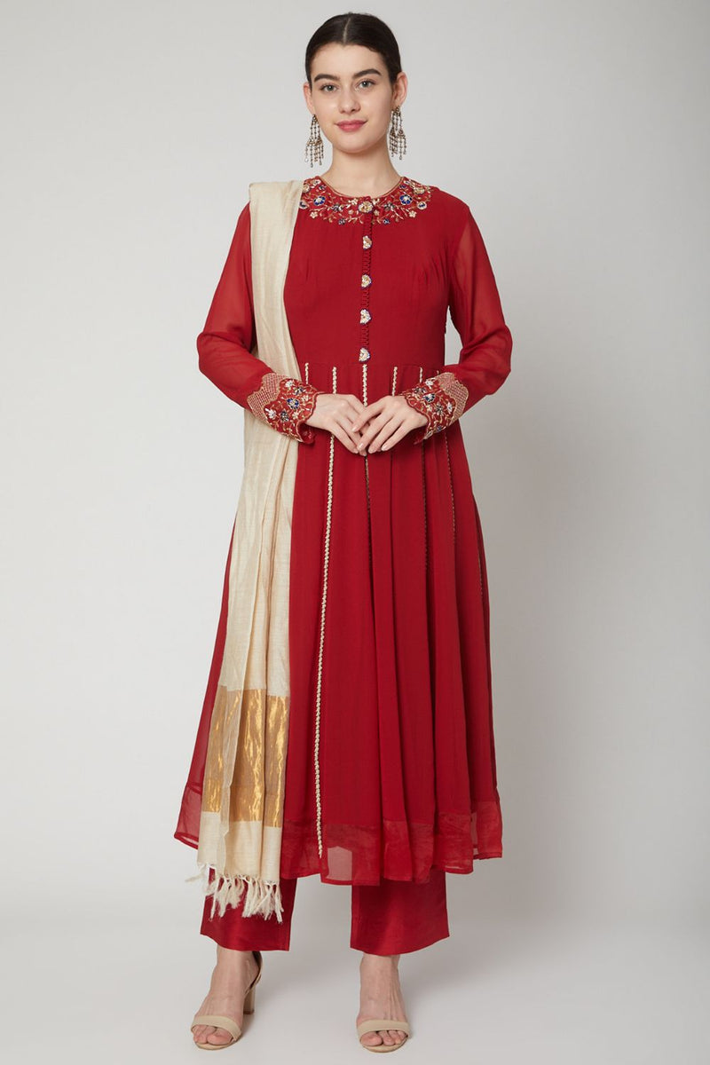 Red Zardosi Embroidered Kurta Set