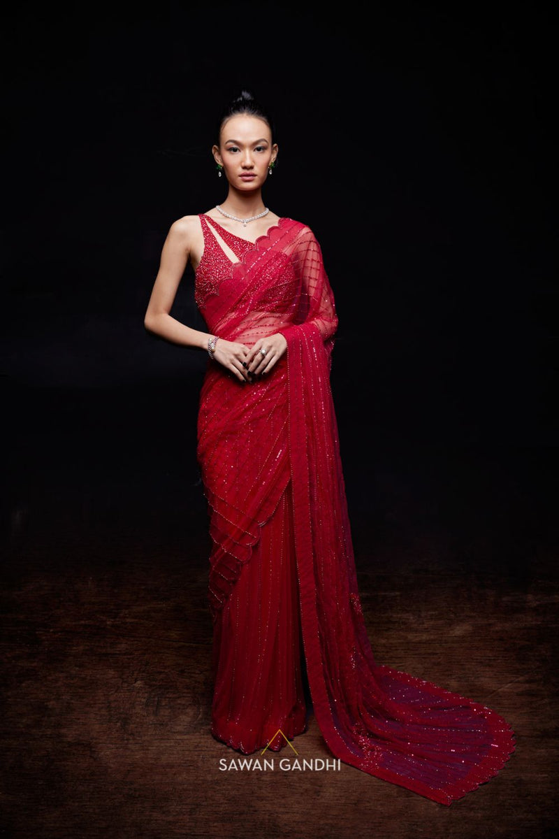 RED SAREE WITH CRYSTAL WORK