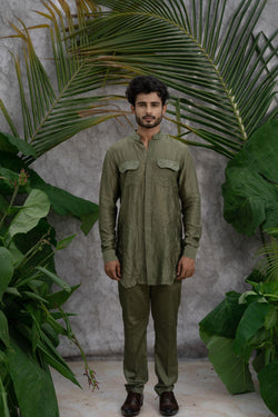 Olive Green Crushed & Embroidered  Shirt Kurta Set