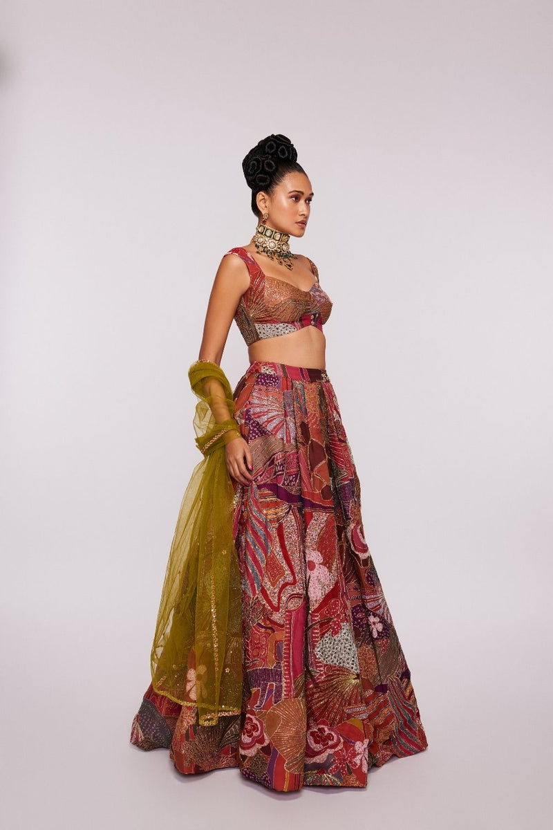 Pink Divergence   printed and embellished indian organza Top and Skirt with net floral dupatta