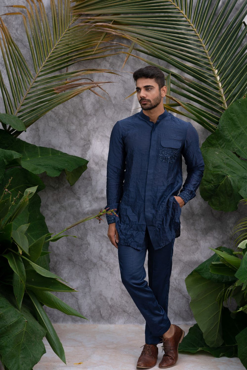 Deep Blue Crushed & Embroidered  Shirt Kurta Set