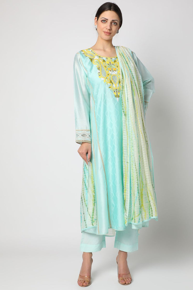 Turquoise Blue Embroidered Kurta Set