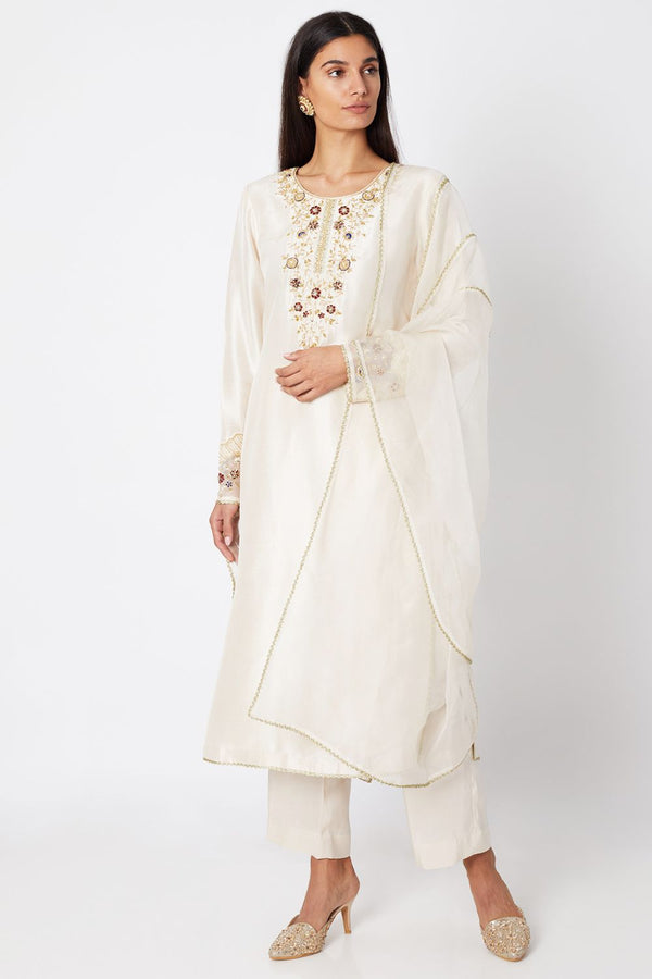 Cream Embroidered Kurta Set