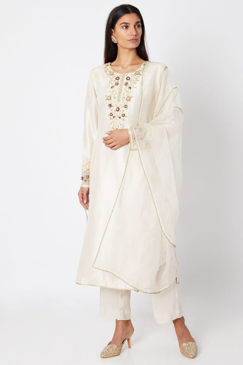 Cream Embroidered Kurta Set