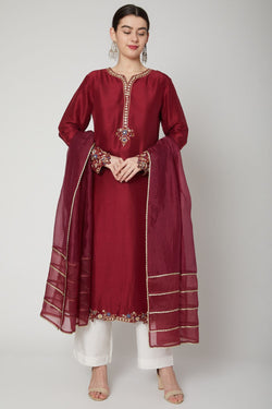 Wine Sequins Embroidered Kurta Set