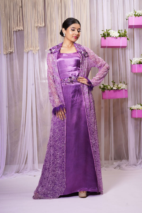 3 PIECE HANDEMBROIDERED SHRUG WITH GOWN AND BELT