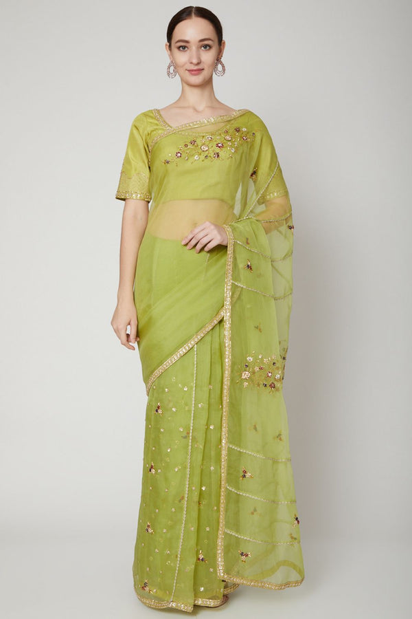Lime Green Embroidered Saree Set
