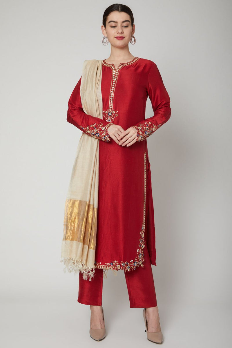 Red Sequins Embroidered Kurta Set