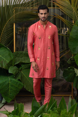 Carrot Coral Moth Embroidered Kurta Set