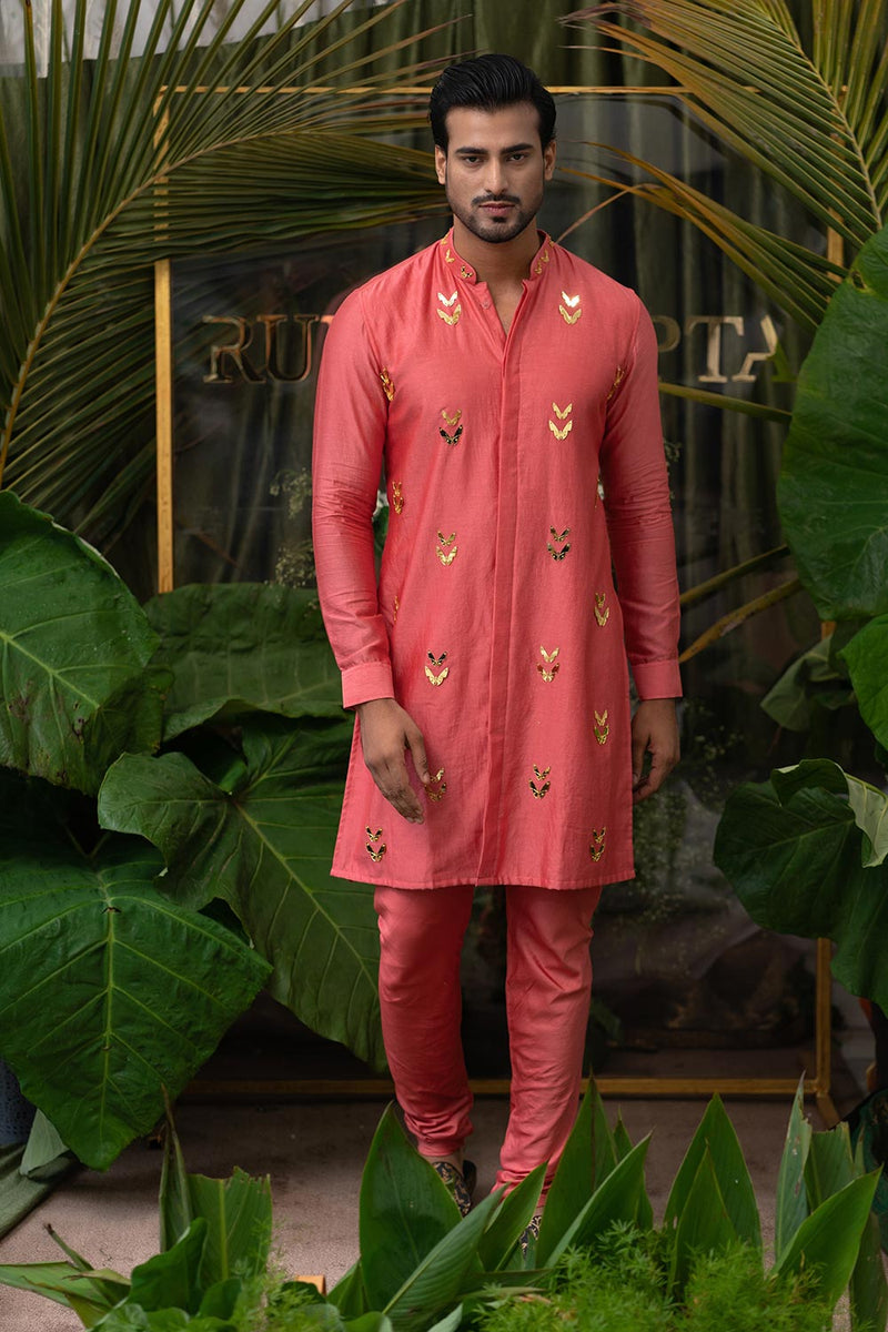 Carrot Coral Moth Embroidered Kurta Set