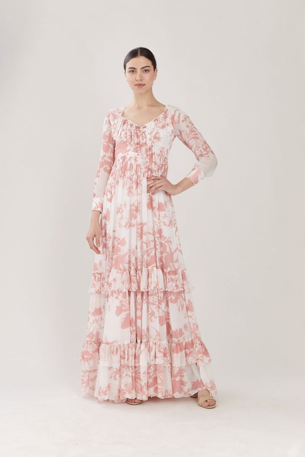 WHITE & PINK FLORAL FRILL DRESS