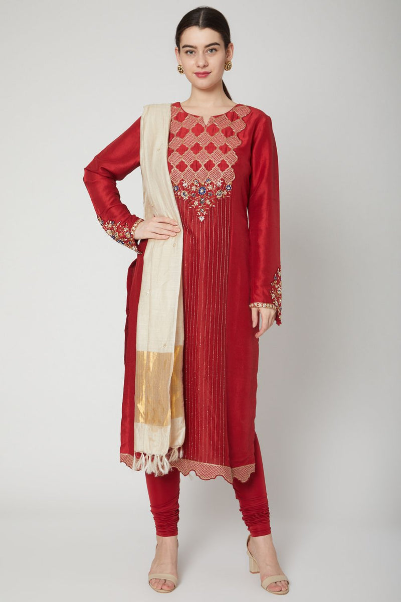 Red Embroidered Kurta Set