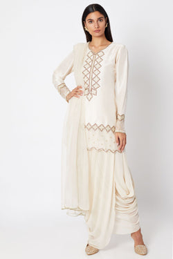 Beige Embroidered Short Kurta Set