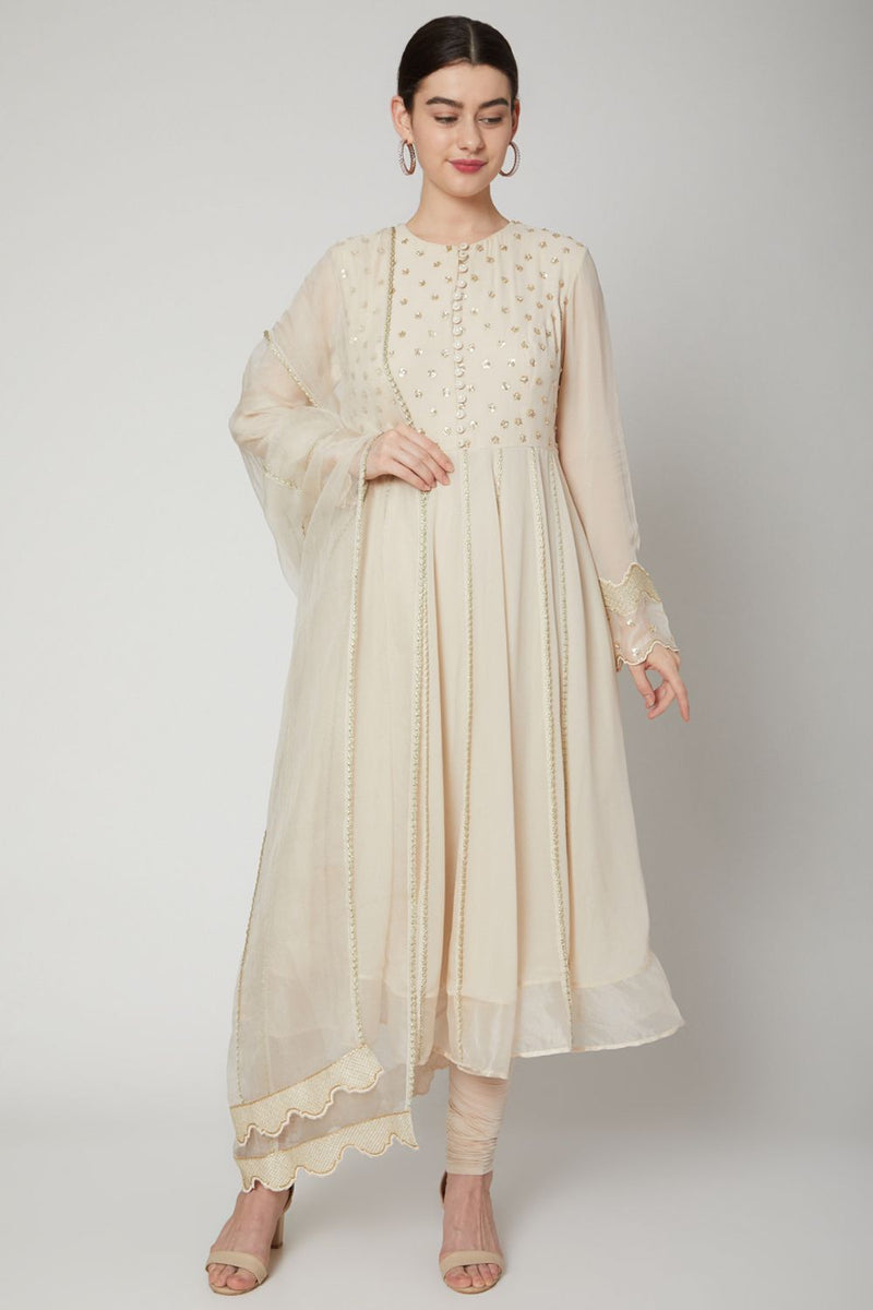 Cream Embroidered Anarkali Set