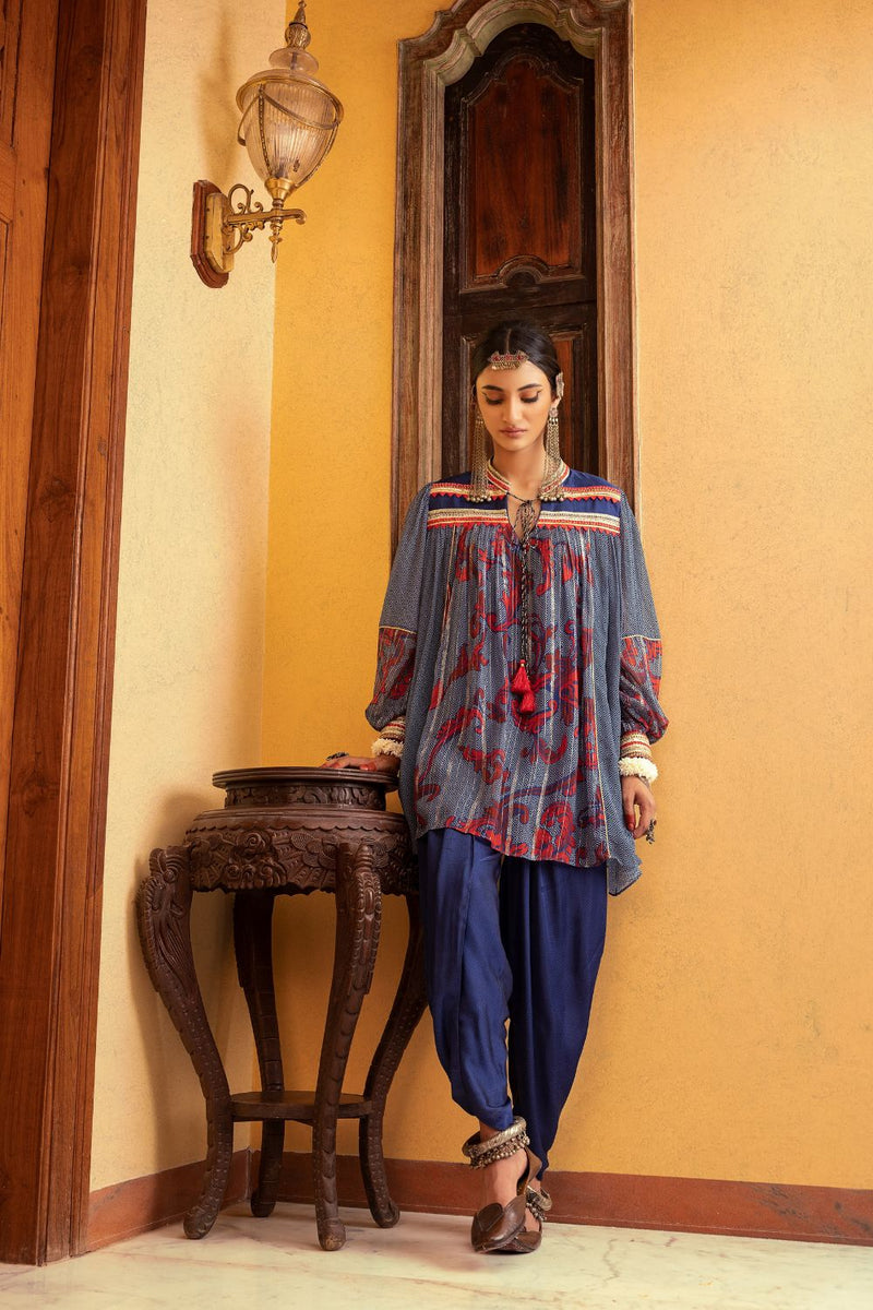 Blue Printed  & Embroidered Tunic