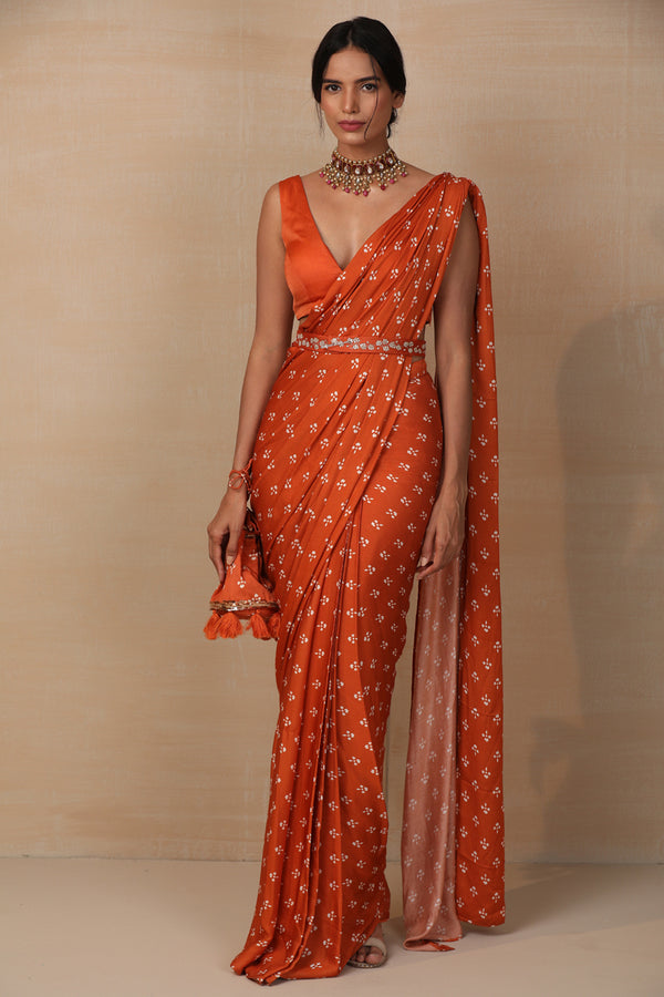 Rust Printed Saree Set