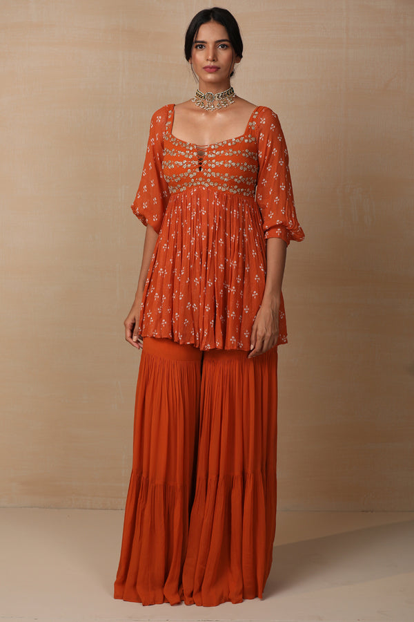 Rust Printed And Embroidered Sharara Set