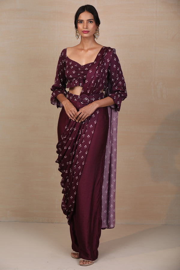 Purple Printed Draped Saree With Pants