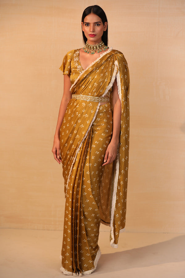 Mustard Pre Draped Printed Saree Set