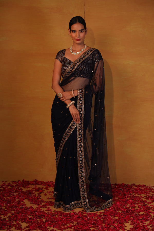 Navy blue net saree