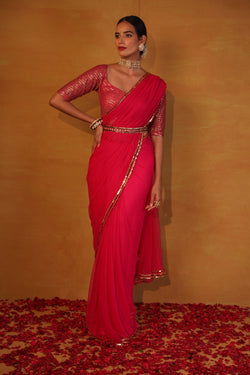 Hot pink net saree with belt