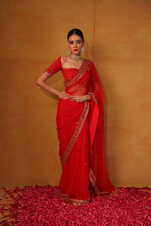 Red Net saree