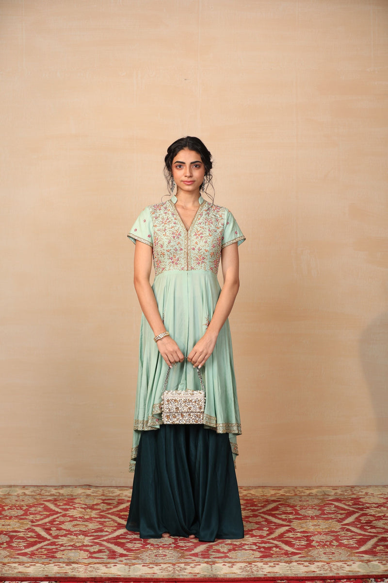 Aura Mint Green High Low Kurta With Flared Pants