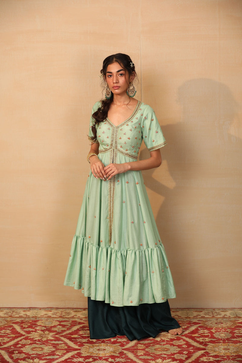 Alia Mint and Dark Green Tiered Jacket Sharara