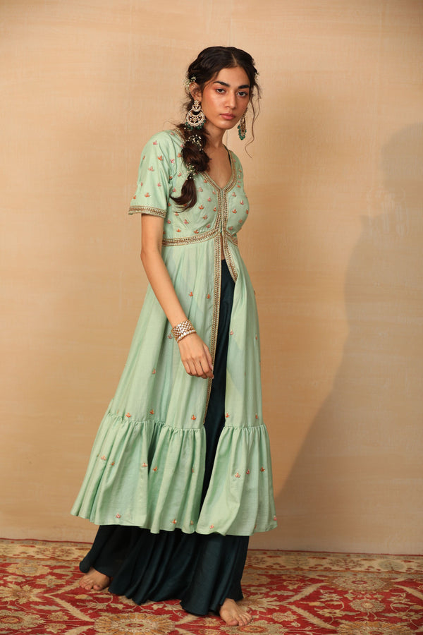 Alia Mint and Dark Green Tiered Jacket Sharara