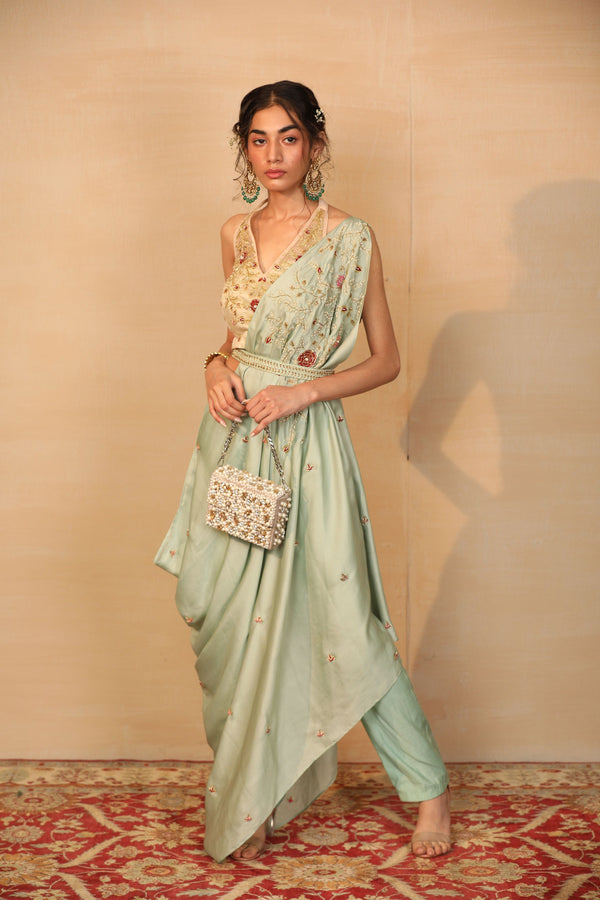 Ares Mint Drape Saree With Organza Blouse