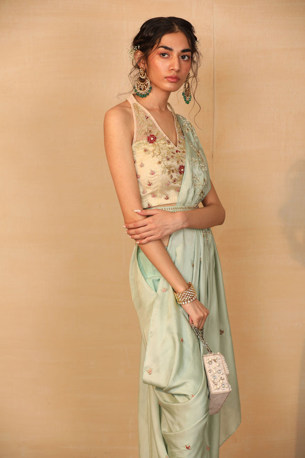 Ares Mint Drape Saree With Organza Blouse